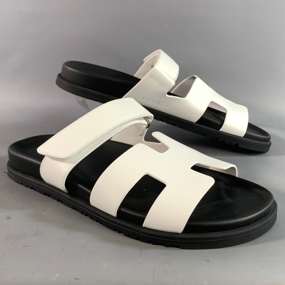 HERMES Size 9 White Black Leather Sandals